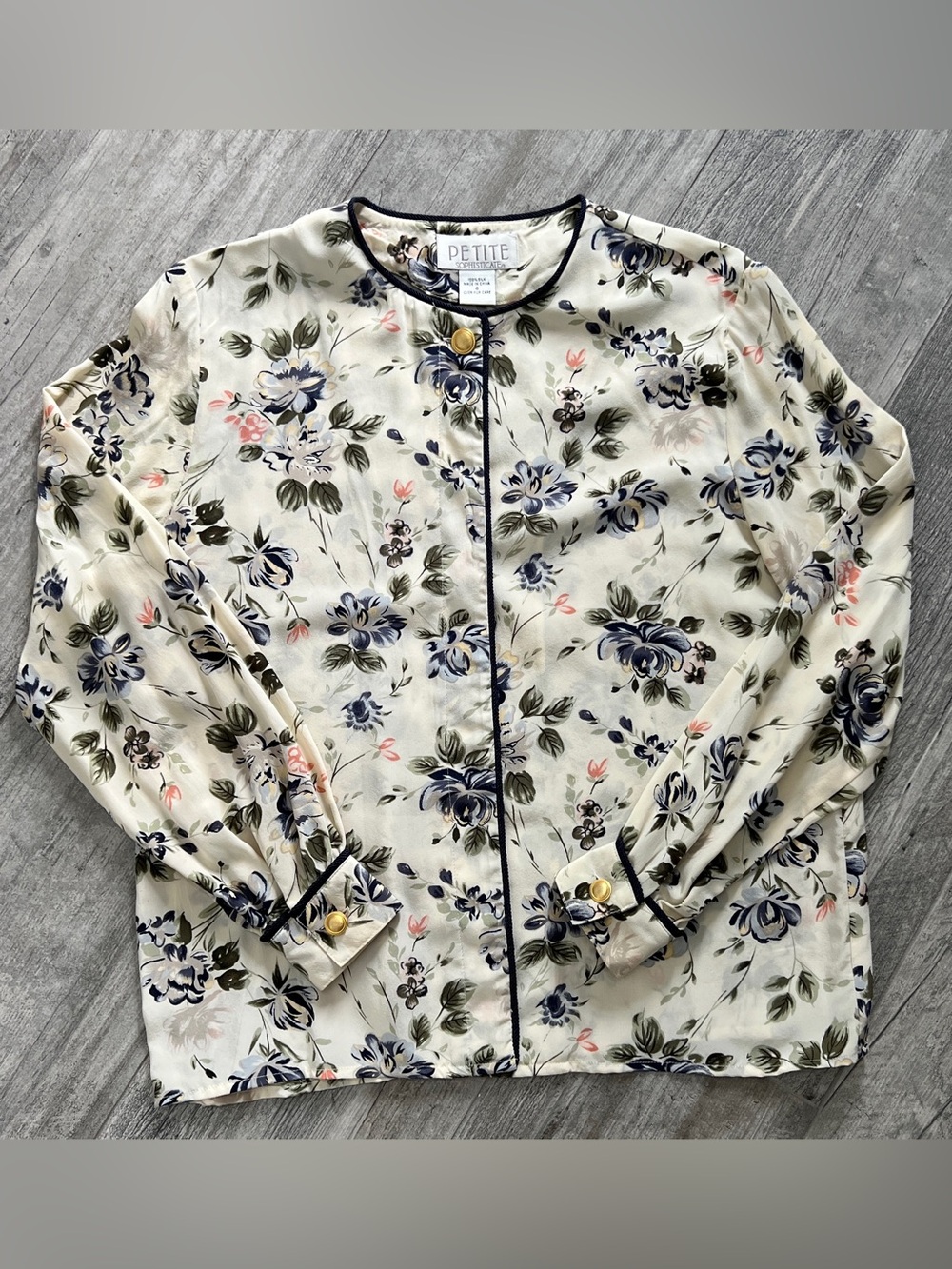 Petite Sophisticate 100% Silk Floral Shirt w/Navy Rope Trim w/ Gold Buttons